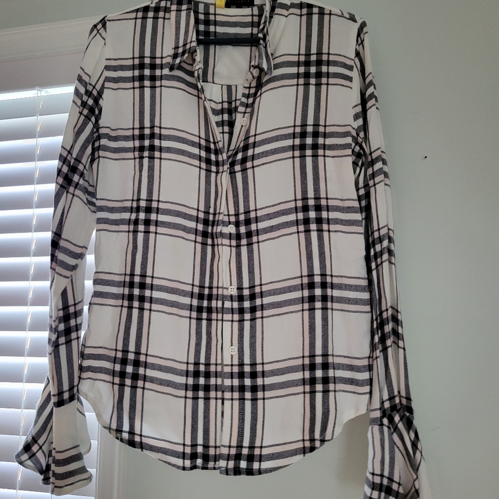 White black and pink long sleeved plaid button-up